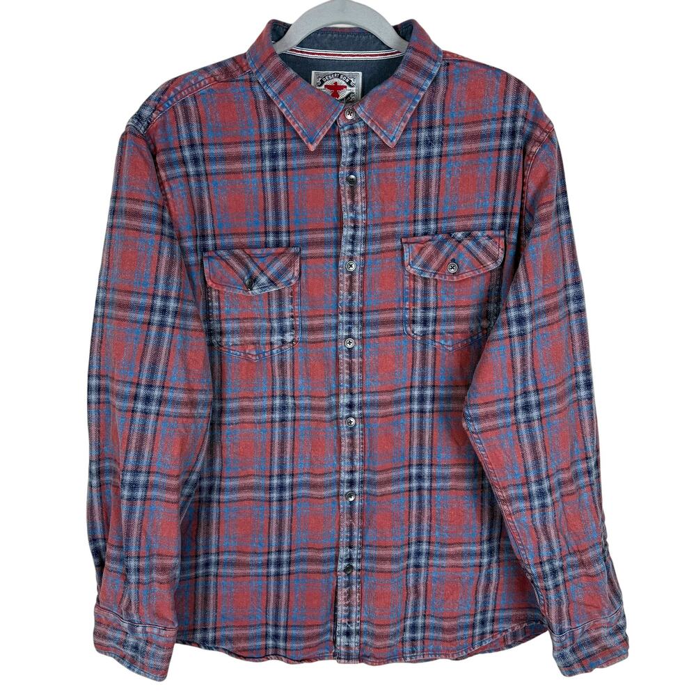 Desert Son Flag & Anthem Shirt Men XL Plaid Red Round Hem Casual Button-Up‎